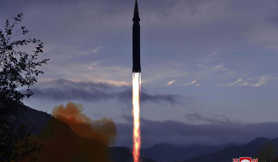 This Sept. 28, 2021, file photo provided by the North Korean government shows what North Korea claims to be a new hypersonic missile launched from Toyang-ri, Ryongrim County, Jagang Province, North Korea. North Korea on Sunday, Oct. 3, 2021, warned the United Nation&#39;s top body against making any statements criticizing the isolated country&#39;s missile program, in a statement that included unspecified threats against the international body. Independent journalists were not given access to cover the event depicted in this image distributed by the North Korean government. The content of this image is as provided and cannot be independently verified. Korean language watermark on image as provided by source reads: &amp;quot;KCNA&amp;quot; which is the abbreviation for Korean Central News Agency. (Korean Central News Agency/Korea News Service via AP, File)