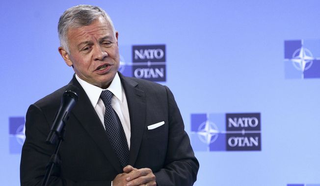 Jordan&#x27;s King Abdullah II speaks during a media conference prior to a meeting with NATO Secretary-General Jens Stoltenberg at NATO headquarters in Brussels, in this Wednesday, May 5, 2021, file photo. (Johanna Geron, Pool via AP, File)