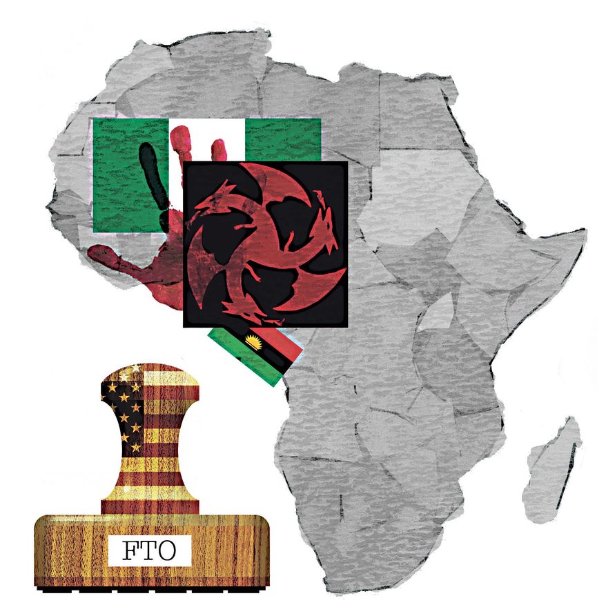 Illustration on IPOB&#39;s status as a Foreign Terrorist Group by Alexander Hunter/The Washington Times