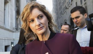 In this Oct. 18, 2018, file photo, former &amp;quot;Apprentice&amp;quot; contestant Summer Zervos leaves New York state appellate court in New York. Former President Donald Trump could face sworn questioning about her sexual assault allegations after a ruling from New York&#39;s highest court, Tuesday, March 30, 2021, in her defamation case. (AP Photo/Mary Altaffer, File)