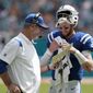 Indianapolis Colts head coach Frank Reich, left, talks with Indianapolis Colts quarterback Carson Wentz (2) during the first half of an NFL football game against the Miami Dolphins, Sunday, Oct. 3, 2021, in Miami Gardens, Fla. (AP Photo/Lynne Sladky) ** FILE**