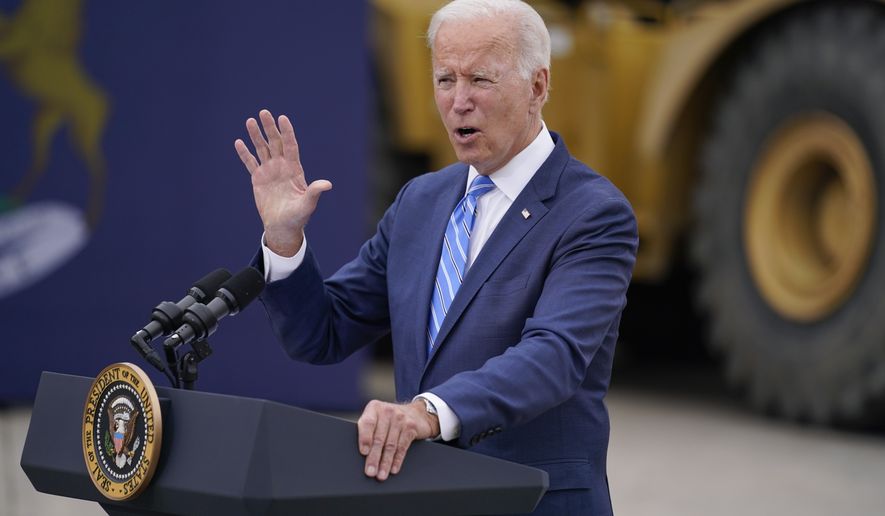 President Joe Biden delivers remarks on his &quot;Build Back Better&quot; agenda during a visit to the International Union Of Operating Engineers Local 324, Tuesday, Oct. 5, 2021, in Howell, Mich. (AP Photo/Evan Vucci)