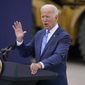 President Joe Biden delivers remarks on his &quot;Build Back Better&quot; agenda during a visit to the International Union Of Operating Engineers Local 324, Tuesday, Oct. 5, 2021, in Howell, Mich. (AP Photo/Evan Vucci)