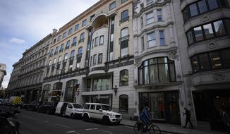 An exterior view of 56-60 Conduit Street in the Mayfair district of London, Monday, Oct. 4, 2021. The property is linked to Azerbaijani President Ilham Aliyev in a new report dubbed the Pandora Papers that sheds light on how world leaders, powerful politicians, billionaires and others have used offshore accounts to shield assets collectively worth trillions of dollars over the past quarter-century. (AP Photo/Matt Dunham)