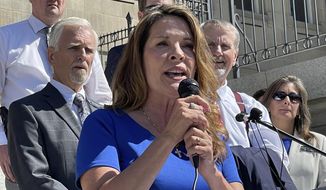 In this Sept. 15, 2021, file photo Republican Lt. Gov. Janice McGeachin addresses a rally on the Statehouse steps in Boise, Idaho. (AP Photo/Keith Ridler, File)