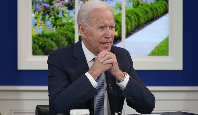 President Joe Biden speaks during a meeting with business leaders about the debt limit in the South Court Auditorium on the White House campus, Wednesday, Oct. 6, 2021, in Washington. (AP Photo/Evan Vucci)