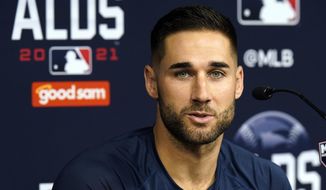 Tampa Bay Rays center fielder Kevin Kiermaier answers a question during a news conference before an American League Division Series baseball practice Wednesday, Oct. 6, 2021, in St. Petersburg, Fla. The Rays play the Boston Red Sox in the best-of-five series. (AP Photo/Chris O&#x27;Meara)