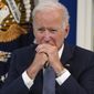 President Joe Biden listens during a meeting with business leaders about the debt limit in the South Court Auditorium on the White House campus, Wednesday, Oct. 6, 2021, in Washington. (AP Photo/Evan Vucci)