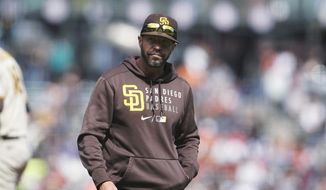 San Diego Padres manager Jayce Tingler walks to the dugout after making a pitching change during the sixth inning of the team&#39;s baseball game against the San Francisco Giants in San Francisco, Thursday, Sept. 16, 2021. (AP Photo/Jeff Chiu) **FILE**