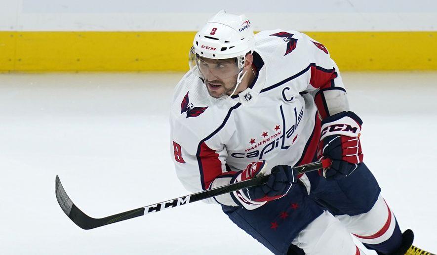 Washington Capitals left wing Alex Ovechkin (8) during the first period of an NHL preseason hockey game in Boston, Wednesday, Oct. 6, 2021. (AP Photo/Charles Krupa) **FILE**