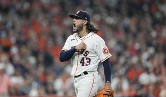 Houston Astros starting pitcher Lance McCullers Jr. reacts after he got Chicago White Sox&#x27;s Adam Engel to ground out to end the top of the fifth inning in Game 1 of a baseball American League Division Series Thursday, Oct. 7, 2021, in Houston. (AP Photo/David J. Phillip)