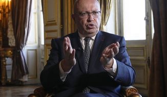 French ambassador to Australia Jean-Pierre Thebault gestures as he speaks during an interview with The Associated-Press in Paris, Friday, Oct. 8, 2021. Australian Prime Minister Scott Morrison welcomed France&#x27;s decision to return its ambassador to Australia and said Thursday the bilateral relationship was bigger than the canceled submarine contract. (AP Photo/Michel Euler)