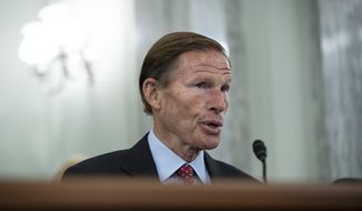In this file photo, subcommittee chairman Sen. Richard Blumenthal, D-Conn., questions a Facebook whistleblower during a Senate Committee on Commerce, Science, and Transportation hearing on Capitol Hill on Tuesday, Oct. 5, 2021, in Washington. Mr. Blumenthal took executives from other social media companies to task at a hearing held on Oct. 26, telling representatives from Snapchat, TikTok and YouTube that they could not avoid lawmakers’ ire by simply not being Facebook. (Drew Angerer/Pool via AP)  **FILE**