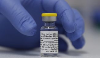 This Wednesday, Oct. 7, 2020 file photo shows a vial of the Phase 3 Novavax coronavirus vaccine ready for use in a trial at St. George&#39;s University hospital in London. The global health agency added Nuvaxovid, also known as NVX-CoV2373, to its emergency use listing following an approval from the European Medicines Agency (EMA). (AP Photo/Alastair Grant, File)