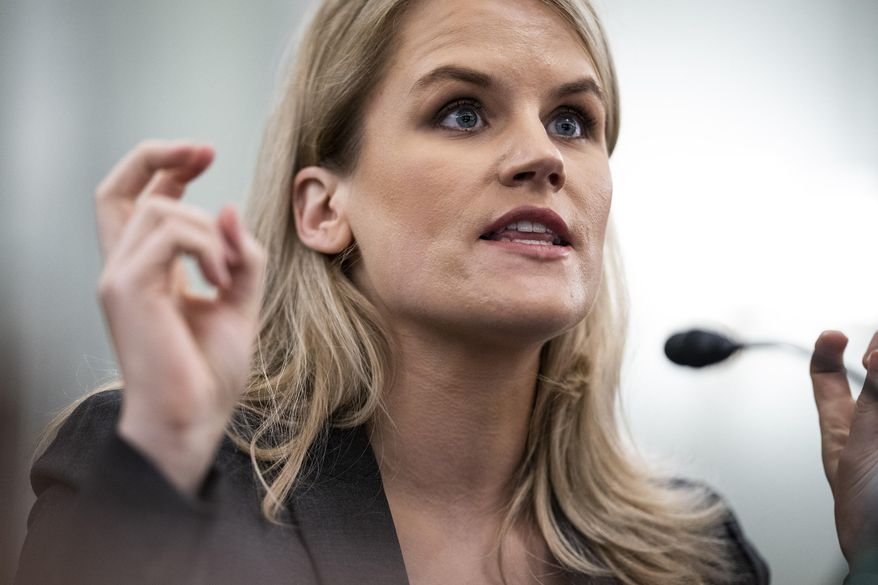 Former Facebook data scientist Frances Haugen speaks during a hearing of the Senate Commerce, Science, and Transportation Subcommittee on Consumer Protection, Product Safety, and Data Security, on Capitol Hill, Tuesday, Oct. 5, 2021, in Washington.  (Jabin Botsford/The Washington Post via AP, Pool)