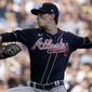 Atlanta Braves starting pitcher Max Fried throws against the Milwaukee Brewers during the first inning in Game 2 of baseball&#39;s National League Divisional Series Saturday, Oct. 9, 2021, in Milwaukee. (AP Photo/Morry Gash)