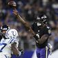 Baltimore Ravens quarterback Lamar Jackson (8) throws the ball during the second half of an NFL football game against the Indianapolis Colts, Monday, Oct. 11, 2021, in Baltimore. (AP Photo/Nick Wass) **FILE**