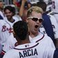 Atlanta Braves&#39; Joc Pederson (22) celebrates his three-run homer in the dugout against the Milwaukee Brewers during the fifth inning of Game 3 of a baseball National League Division Series, Monday, Oct. 11, 2021, in Atlanta. (AP Photo/John Bazemore)