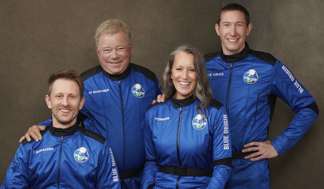 This undated photo made available by Blue Origin in October 2021 shows, from left, Chris Boshuizen, William Shatner, Audrey Powers and Glen de Vries. Their launch scheduled for Wednesday, Oct. 13, 2021 will be Blue Origin’s second passenger flight, using the same capsule and rocket that Jeff Bezos used for his own trup three months earlier. (Blue Origin via AP)