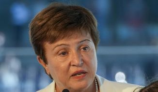 In this Sept. 6, 2021, file photo, Kristalina Georgieva, managing director of the International Monetary Fund (IMF), delivers a speech during the opening ceremony for the Floating Office where a high-level dialogue on climate adaptation takes place in Rotterdam, Netherlands. (AP Photo/Peter Dejong, File)
