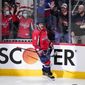 Washington Capitals left wing Alex Ovechkin (8) celebrates his first goal of the third period in an NHL hockey game, Wednesday, Oct. 13, 2021, in Washington. The Capitals won 5-1. (AP Photo/Alex Brandon) **FILE**
