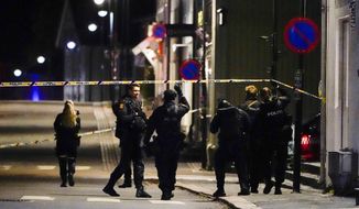 Police at the scene after an attack in Kongsberg, Norway, Wednesday, Oct. 13, 2021. Several people have been killed and others injured by a man armed with a bow and arrow in a town west of the Norwegian capital, Oslo. (Hakon Mosvold Larsen/NTB Scanpix via AP)
