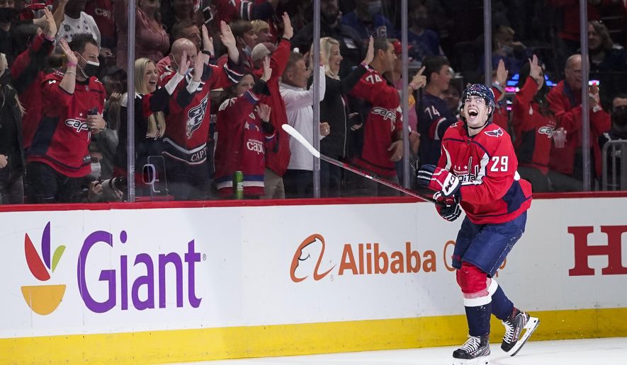 Washington Capitals center Hendrix Lapierre celebrates his goal during the second period of the team&#39;s NHL hockey game against the New York Rangers, Wednesday, Oct. 13, 2021, in Washington. (AP Photo/Alex Brandon) **FILE**