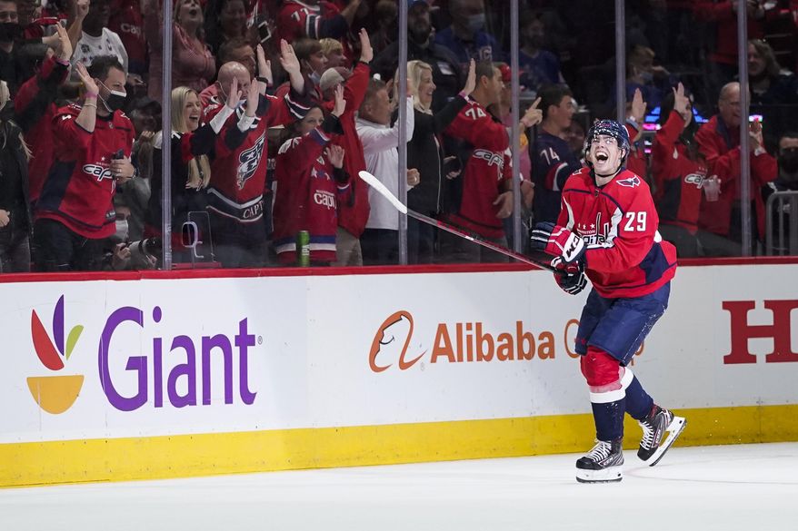 Washington Capitals center Hendrix Lapierre celebrates his goal during the second period of the team&#39;s NHL hockey game against the New York Rangers, Wednesday, Oct. 13, 2021, in Washington. (AP Photo/Alex Brandon) **FILE**