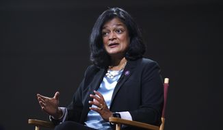 Rep. Pramila Jayapal, D-Wash., chair of the nearly 100-member Congressional Progressive Caucus, talks to The Associated Press about her goals as a champion of human rights issues, and President Joe Biden&#39;s domestic agenda, at the Capitol in Washington, Thursday, Oct. 7, 2021. (AP Photo/J. Scott Applewhite) ** FILE **