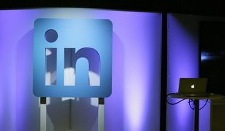 In this Thursday, Sept. 22, 2016, photo, the LinkedIn logo is displayed during a product announcement in San Francisco. ” (AP Photo/Eric Risberg) **FILE**