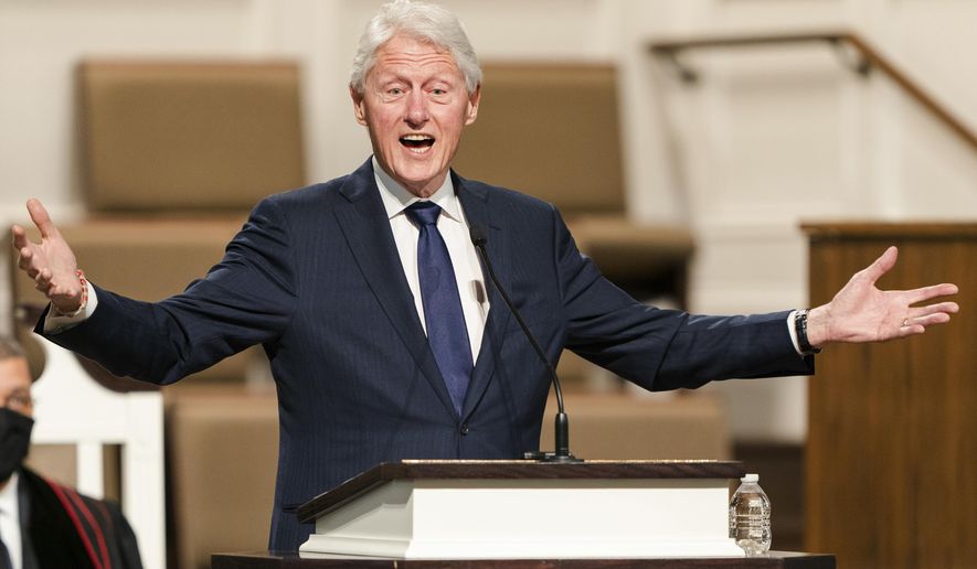 In this Jan. 27, 2021, file photo, former President Bill Clinton speaks during funeral services for Henry &amp;quot;Hank&amp;quot; Aaron, at Friendship Baptist Church in Atlanta. (Kevin D. Liles/Atlanta Braves via AP, Pool, File)