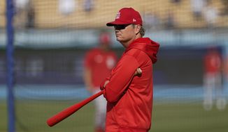 St. Louis Cardinals manager Mike Shildt (8) stands on the field during batting practice before a National League Wild Card playoff baseball game against the Los Angeles Dodgers Wednesday, Oct. 6, 2021, in Los Angeles. (AP Photo/Marcio Sanchez) **FILE**