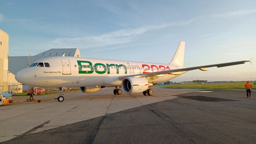 This picture made available by ITA (Italy Air Transportation) on Monday, Oct. 11, 2021, shows one of the company&#39;s first Airbus A320 that will start flying as of Oct. 15, 2021. Alitalia, long financially ailing, won’t exist anymore since Oct. 14, and its new incarnation, a new company called ITA, will start out with a fleet of 52 aircraft, which will go up to 78 in 2022 with the arrival of new-generation airplanes. The new company being formed says it will only keep some 2,800 of 10,000 of Alitalia’s employees. (ITA via LaPresse/AP)