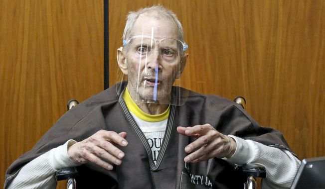 In this Monday, Aug. 9, 2021, file photo, New York real estate scion Robert Durst, 78, answers questions from defense attorney Dick DeGuerin, while testifying in his murder trial at the Inglewood Courthouse in Inglewood, Calif. The sentencing of Durst will be comparatively brief compared to his murder trial that stretched over the better part of two years. The New York real estate heir faces a mandatory term of life in prison without parole Thursday, Oct. 14 for the first-degree murder of his best friend, Susan Berman. (Gary Coronado/Los Angeles Times via AP, Pool, File)
