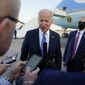 President Joe Biden speaks to members of the media before boarding Air Force One at Bradley International Airport, Friday, Oct. 15, 2021, in Windsor Locks, Conn. (AP Photo/Evan Vucci)