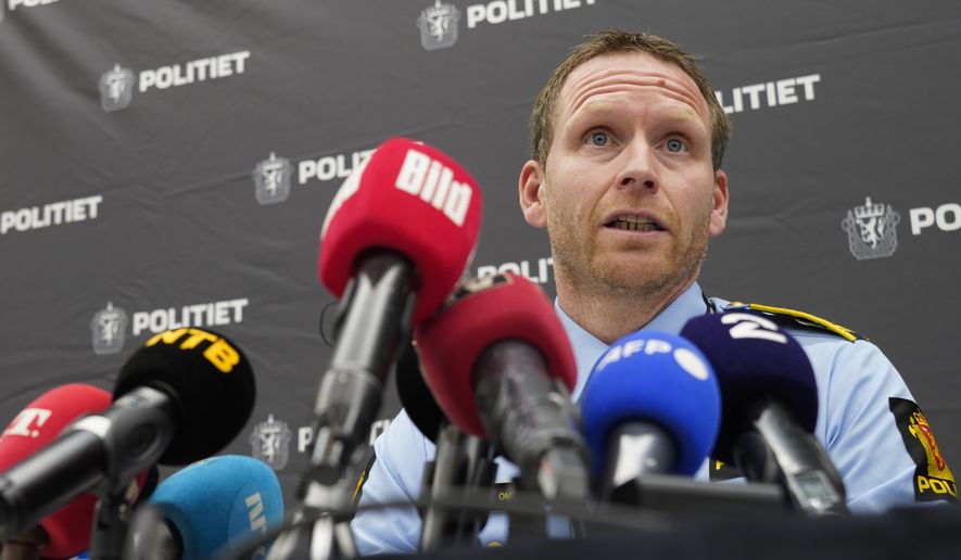 Police Inspector Per Thomas Omholt holds a press conference about the development in the murder case in Kongsberg, Norway, Friday, Oct. 15, 2021. The suspect in a bow-and-arrow attack that killed five people and wounded three in a small Norwegian town is facing a custody hearing Friday. He won’t appear in court because he has confessed to the killings and has agreed to being held in custody. (Terje Bendiksby/NTB via AP)