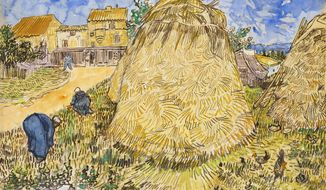 This image, provided by Christie&#39;s, shows Vincent van Gogh&#39;s 1888 work &amp;quot;Wheatstacks,&amp;quot; to be offered in the dedicated sale &amp;quot;The Cox Collection: The Story of Impressionism,&amp;quot; in New York, Nov. 11, 2021. The watercolor, seized by the Nazis during World War II is estimated at $20-million to $30-million. (Christie&#39;s via AP)