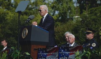 President Joe Biden speaks during a ceremony, honoring fallen law enforcement officers at the 40th annual National Peace Officers&#x27; Memorial Service at the U.S. Capitol in Washington, Saturday, Oct. 16, 2021. (AP Photo/Manuel Balce Ceneta)