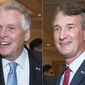 In this combination photo, Virginia gubernatorial candidates, Democrat Terry McAuliffe left, and Republican Glenn Youngkin appear during the Virginia FREE leadership luncheon, in McLean, Va., on Sept. 1, 2021. (AP Photo/Cliff Owen) ** FILE **