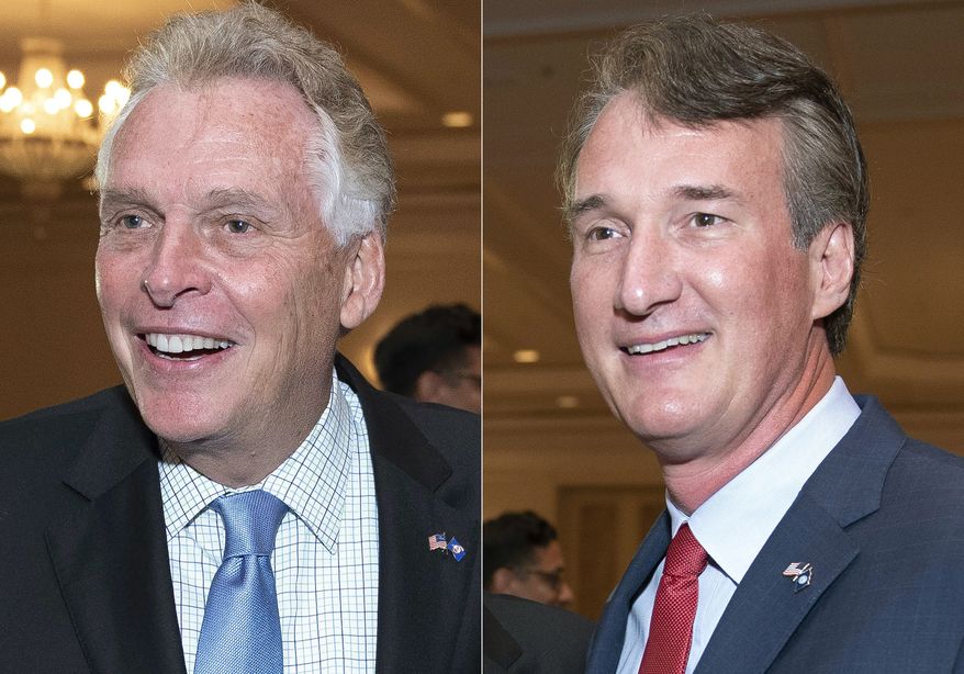 In this combination photo, Virginia gubernatorial candidates, Democrat Terry McAuliffe left, and Republican Glenn Youngkin appear during the Virginia FREE leadership luncheon, in McLean, Va., on Sept. 1, 2021. (AP Photo/Cliff Owen) ** FILE **