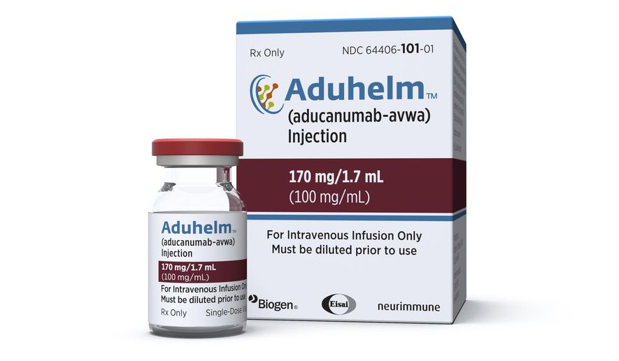 FILE - This image provided by Biogen on Monday, June 7, 2021 shows a vial and packaging for the drug Aduhelm. The first new Alzheimer’s treatment in more than 20 years was hailed as a breakthrough when regulators approved it in June 2021, but its rollout has been slowed by questions about its price and how well it works. (Biogen via AP, File)