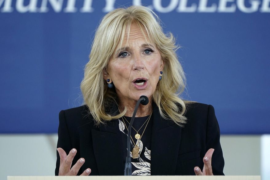 First lady Jill Biden speaks during a visit to Des Moines Area Community College in Ankeny, Iowa. (AP Photo/Charlie Neibergall)