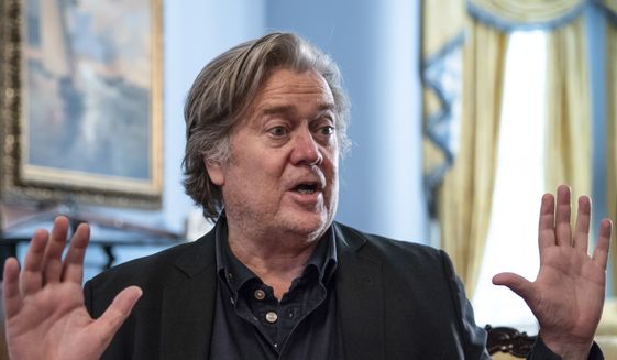 In this file photo from Sunday, Aug. 19, 2018, Steve Bannon, President Donald Trump&#39;s former chief strategist, talks about the approaching midterm election during an interview with The Associated Press, in Washington. (AP Photo/J. Scott Applewhite, File)