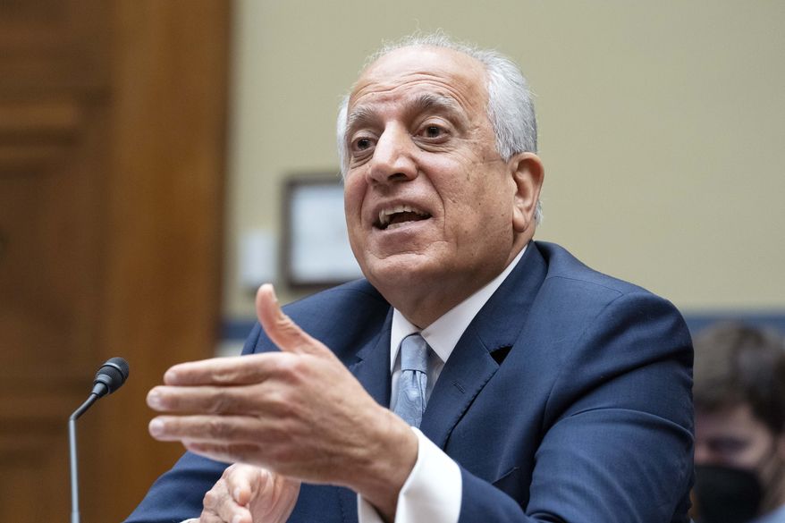 In this May 20, 2021, file photo, Special Representative for Afghanistan Zalmay Khalilzad speaks during a hearing on Capitol Hill in Washington. Khalilzad is stepping down following the chaotic American withdrawal from the country. The State Department says former ambassador to the United Nations and Afghanistan Zalmay Khalilzad will leave the post this week after more than three years on the job. (AP Photo/Jose Luis Magana, File)