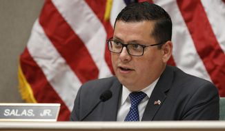 In this Aug. 12, 2019, file photo, Assemblyman Rudy Salas Jr. asks questions during a hearing in Sacramento, Calif. One of the country&#x27;s most competitive U.S. House races is unfolding in California&#x27;s farm belt. Republican U.S. Rep. David Valadao is facing a growing list of Democratic and GOP challengers. On Monday, Oct. 18, 2021, Salas became the latest to get in. The Central Valley district is heavily Latino and has a huge Democratic registration edge, but Valadao had displayed an independent streak and was among 10 House Republicans who voted to impeach then-President Donald Trump. (AP Photo/Rich Pedroncelli, File)