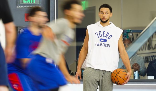 Philadelphia 76ers&#x27; Ben Simmons takes part in a practice at the NBA basketball team&#x27;s facility, Monday, Oct. 18, 2021, in Camden, N.J. (AP Photo/Matt Rourke) **FILE**