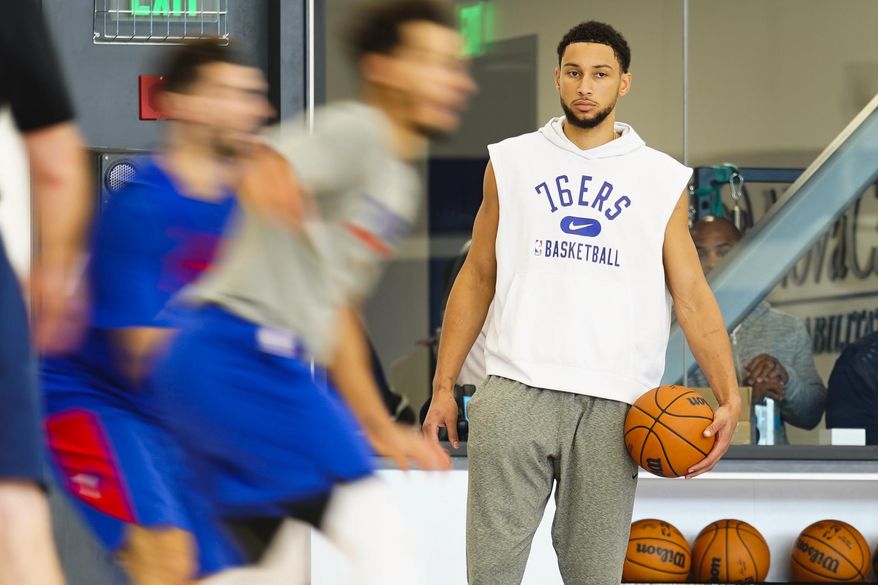 Philadelphia 76ers&#39; Ben Simmons takes part in a practice at the NBA basketball team&#39;s facility, Monday, Oct. 18, 2021, in Camden, N.J. (AP Photo/Matt Rourke) **FILE**