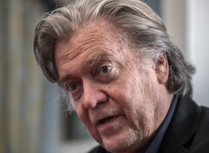In this Aug. 19, 2018, file photo, Steve Bannon, President Donald Trump&#39;s former chief strategist, talks about the approaching midterm election during an interview with The Associated Press, in Washington. The special congressional committee investigating the Jan. 6 insurrection has set a vote for Tuesday to recommend criminal contempt charges against Bannon after he defied the panel&#39;s subpoena. (AP Photo/J. Scott Applewhite, File)