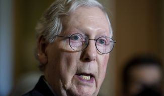 Senate Minority Leader Mitch McConnell, R-Ky., speaks to reporters after a Republican strategy meeting at the Capitol in Washington, Tuesday, Oct. 19, 2021. (AP Photo/J. Scott Applewhite)