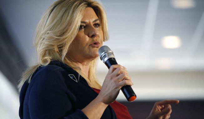 FILE - In this April 26, 2016, file photo, Michele Fiore participates in a Republican debate in Henderson, Nev. Fiore, a Las Vegas City Councilwoman who rose to national prominence for her support of self-styled anti-government militiamen who clashed with federal law enforcement in multiple armed standoffs last decade, is running for governor of Nevada. She announced her plans to run at a news conference in Las Vegas on Tuesday, Oct. 19, 2021. (AP Photo/John Locher, File)
